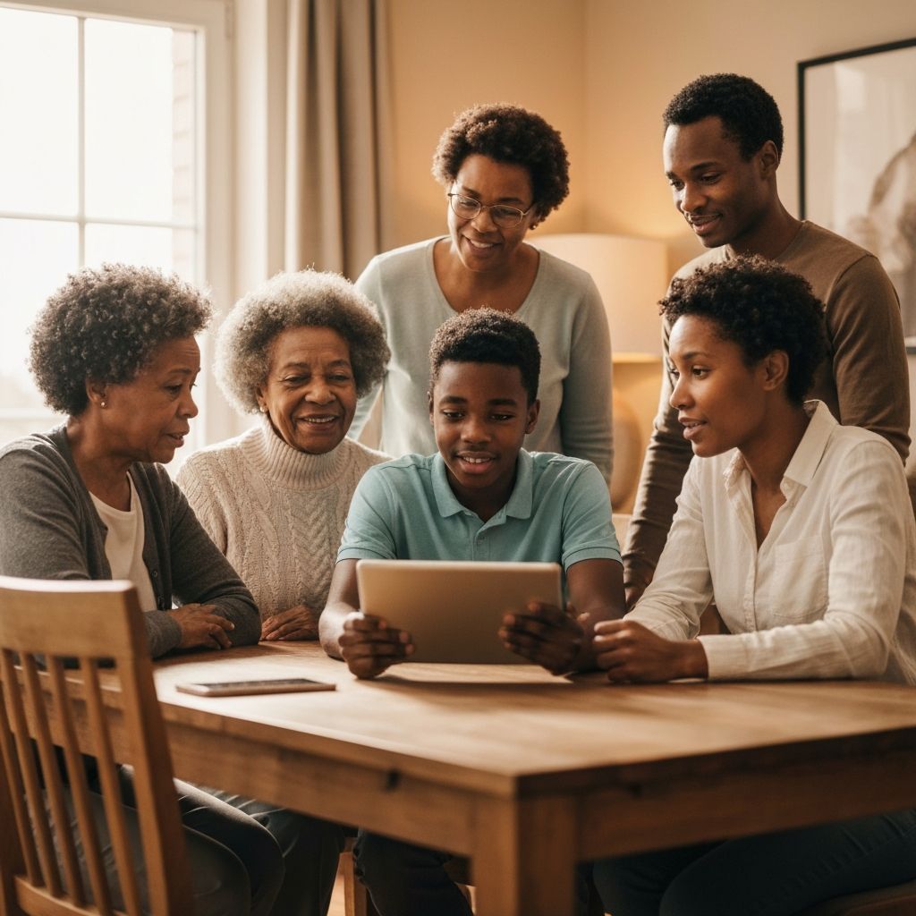 A multigenerational family talking together at a table