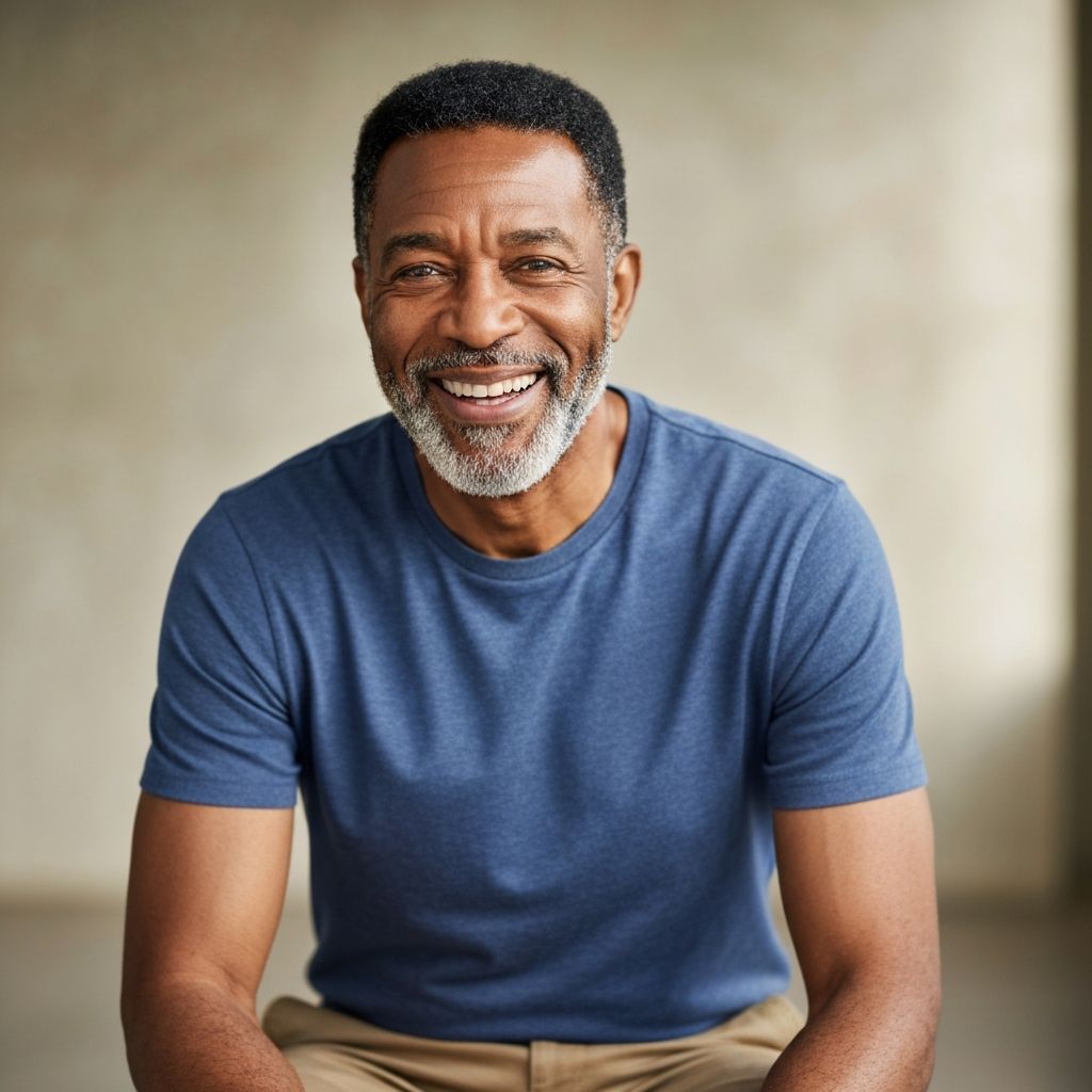 A senior man smiling warmly at home