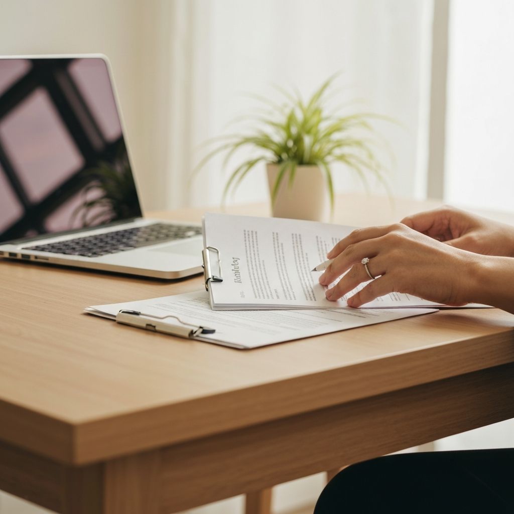 Hands organizing policy documents on a desk